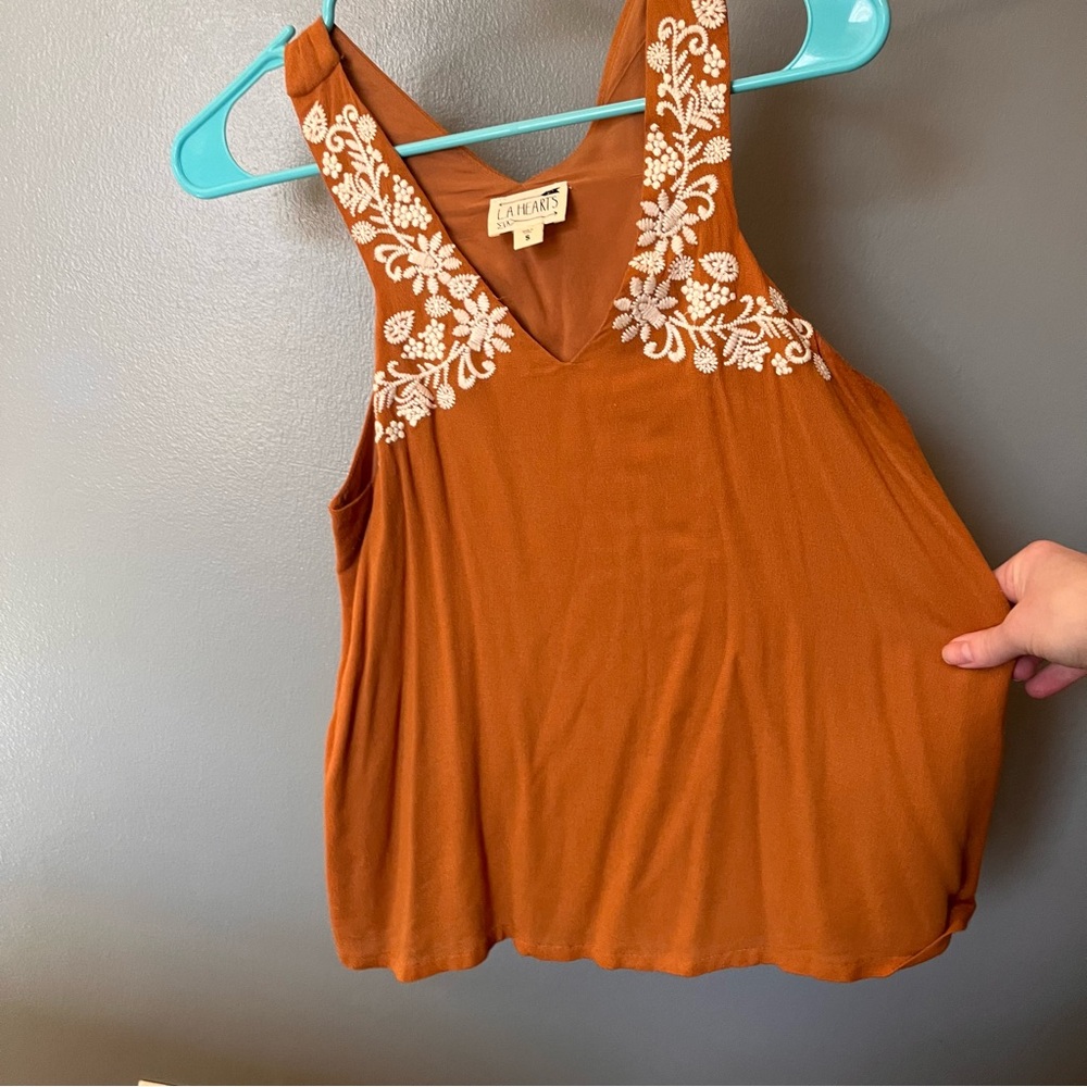 La Hearts Burnt Orange Embroidered Tank Top